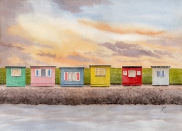 Postkarte DIN-A5  Aquarell Kunst Druck Kunstdruck Strandkorb Sonnenuntergang Dänemark Nordsee Dagebüll bunte Badebuden im Sonnenuntergang - DB1